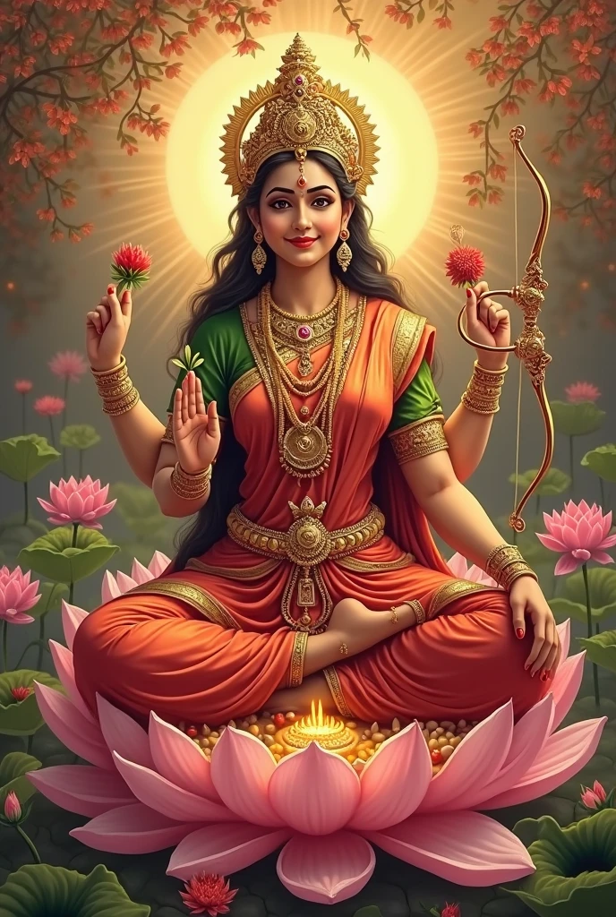 Here's a detailed prompt for generating an AI image of the Indian goddess Lalitha:
"Create a detailed image of Goddess Lalitha, the Hindu goddess of beauty, power, and grace. She should be depicted as a resplendent figure with a calm, compassionate expression. Lalitha should have four arms, holding a noose, goad, sugarcane bow, and a cluster of arrows. She should be seated on a lotus, atop a richly adorned throne, with vibrant red and gold attire, including a crown studded with jewels. Her posture should be elegant, with a slight smile that radiates divine love. Surround her with lotus flowers, intricate traditional patterns, and a soft, golden glow. The background should depict a celestial or temple setting, with details that highlight her divine and auspicious nature."
This prompt provides a detailed description that captures the essence of Goddess Lalitha, guiding the AI to create an image that reflects her divine attributes.