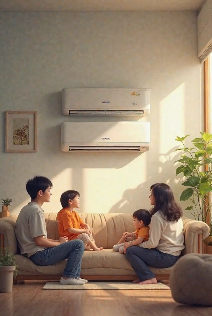 Two people sitting on the sofa with babies, air conditioner, SleekDesign, bottom angles, Full image, soft warm light, arte mista, Unique design, Uptrend ，, soft internal light, Warm air, Chiba Yuda, Delightful, Brilliant, warm features, komono, sun light,Anime style