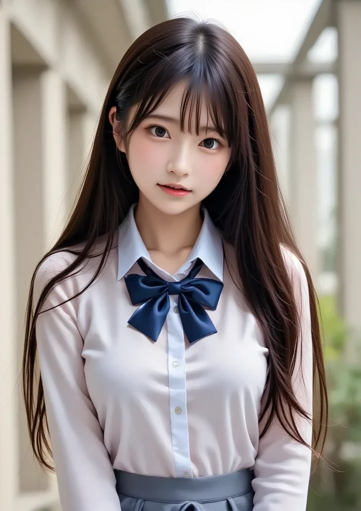 1girl, solo, (school uniform:1.4), green eyes, dress, looking_at_viewer, neck_ribbon, cute, clear facial skin, (best quality), (masterpiece:1.1)