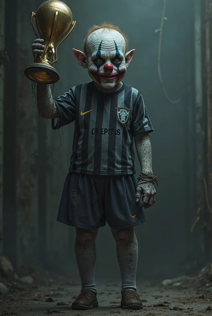 Make a complete micro soccer uniform that includes the colors black, white and gray with some design that has a goblin smoking a cigarette and blowing smoke and there are demons on the uniform, and I want the shorts to also have the elf or smoking demons.