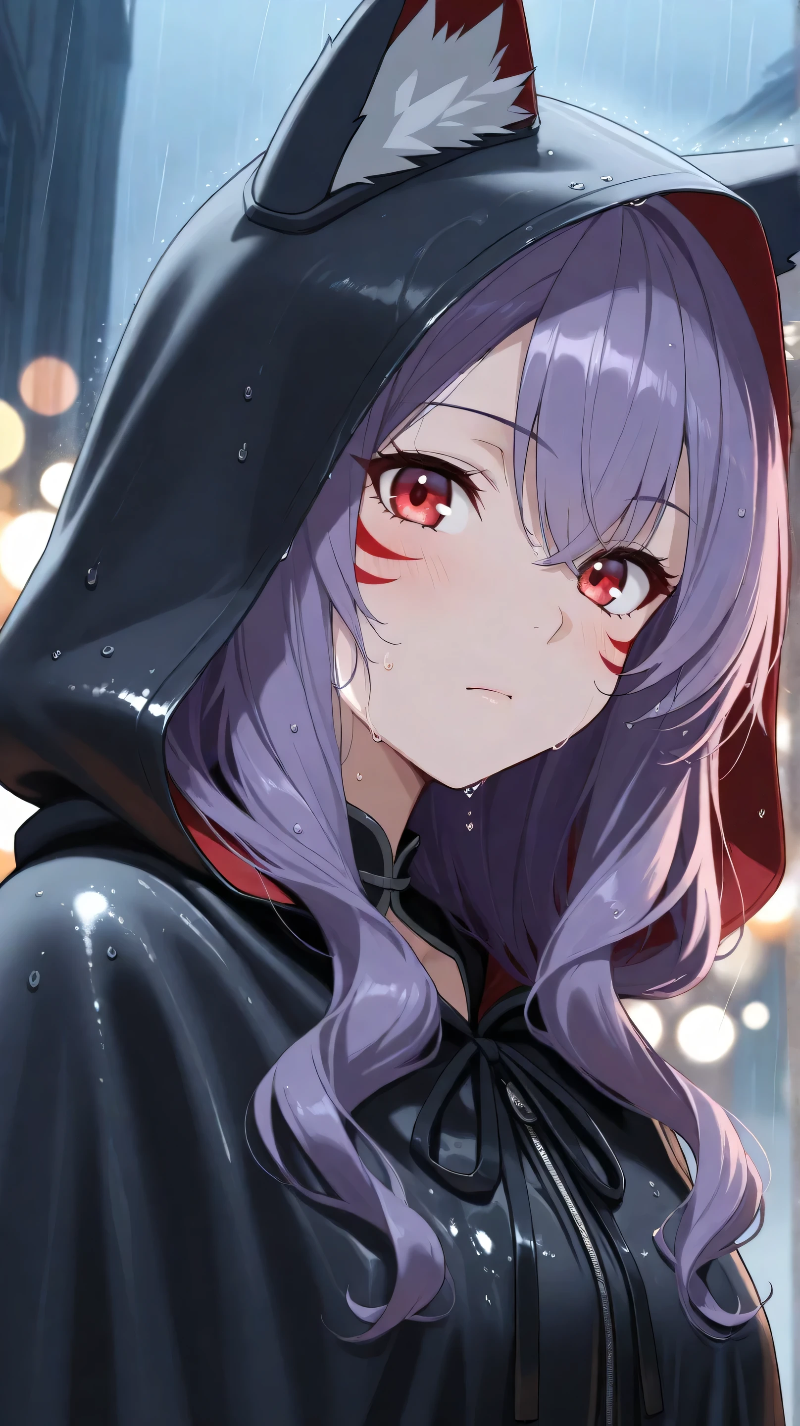 Masterpiece, Best Quality, Top Quality, Very Detailed, Anime girl with long wavy purple hair and red eyes, wearing a black hooded cloak with wolf ears and fur accents. She stands in the rain, her intense gaze focused forward, raindrops falling on her face and cloak. The hood's inner lining is dark red, adding contrast to her mysterious appearance. Subtle red face markings enhance her fierce look. The background is softly blurred with glowing bokeh lights, creating a moody, atmospheric, and cinematic scene. High detail, dramatic lighting, wet surfaces reflecting light.