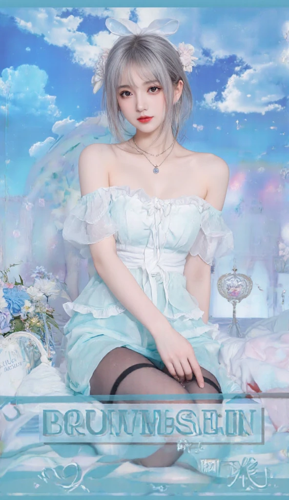 ((Best Quality)), ((Masterpiece)), (Details: 1.4), 3D, A Beautiful Beauty, (Long Light Blue Hair, Ribbon: 1.9), (Plain White Long Dress: 1.7), (Crystal High Heels: 1.6) (Green Eyes: 1.5), HDR (High Dynamic Range), Ray Tracing, NVIDIA RTX, Super-Resolution, Unreal 5, Subsurface Scattering, PBR Textures, Post-processing, Anisotropic filtering, depth of field, maximum sharpness and sharpness, multi-layer textures, albedo and specular mapping, surface shading, accurate simulation of light-material interactions, perfect proportions, Octane Render, bicolor light, large aperture, low ISO, white balance, rule of thirds, 8K RAW,