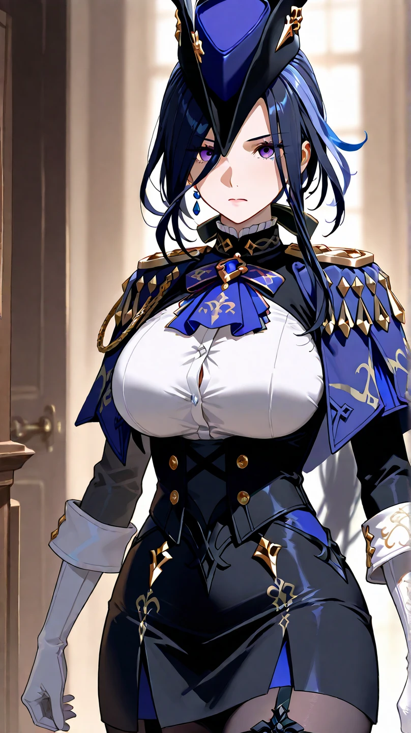 (masterpiece, highest quality, Very detailed, Best Shadow), (Beautifully detailed face), High Contrast,1girl,only,short hair,purple hair,heterochromia(red eyes,blue eyes),Upper Eye,Fantasy style costumes,Cape,The clothes are mainly black,High exposure,whole body