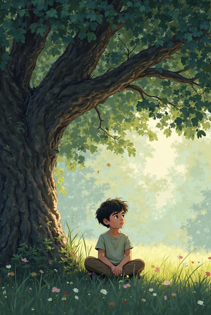 A crying boy under a tree