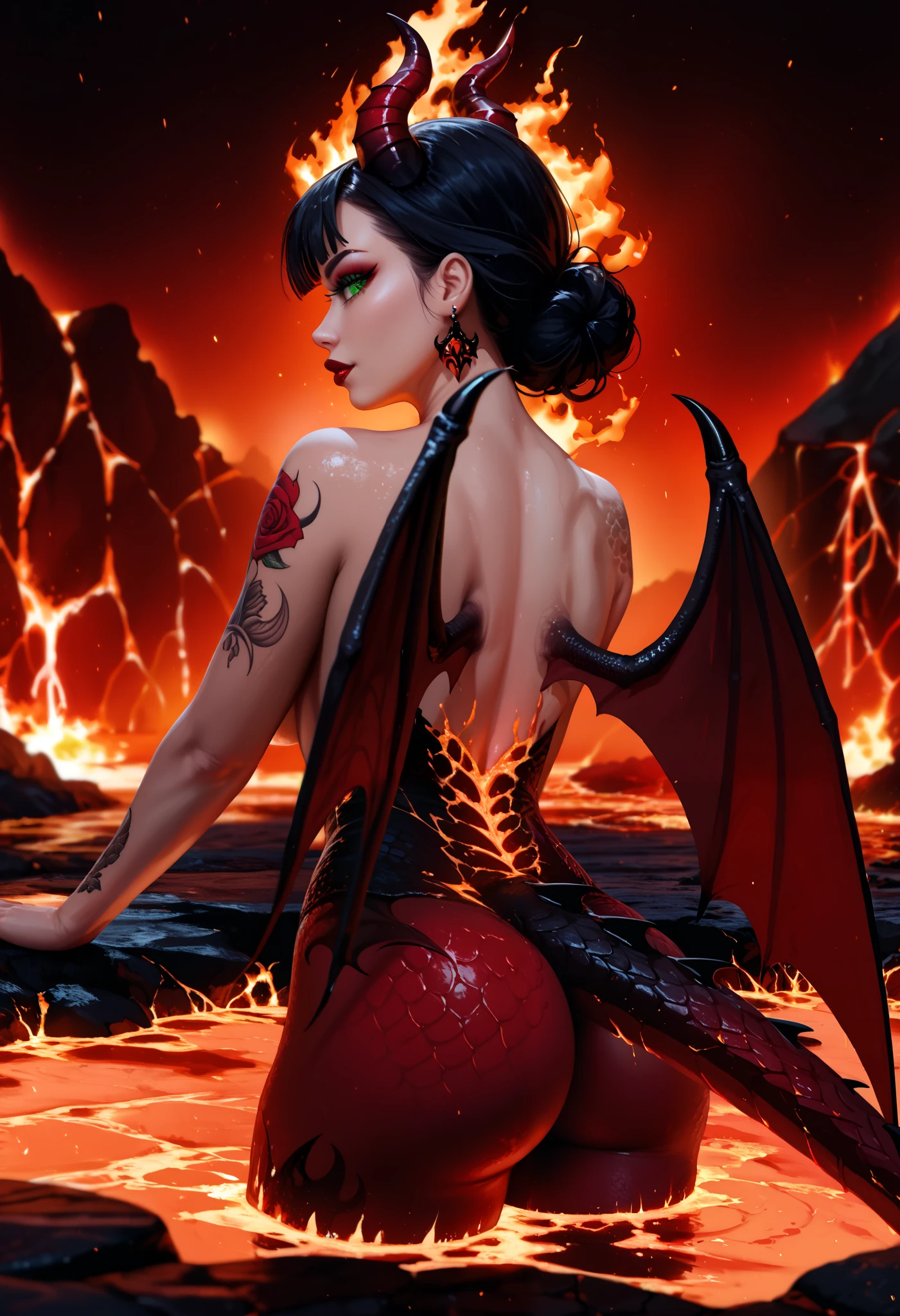 ultra detailed beautiful demon girl, bending forward in a lake of lava, showing her ass, ass view, (boiling lava), ((lava and fire background)) , in a hellish scenery, underworld background, demon world, ((nude, with light red skin covered with dragon scales, devil horns and wings and tail)) , stunningly beautiful, stylish dark hair with red streaks,, green eyes, (red lips and make-up giving her a gothic look ), dark eyeshadow visible on her eyelids and eyeliner on her eyes, very long eyelashes, perfect body covered with tattoos , (dark make-up:1.3), big breast,sexy pose light particles, ultra detailed illustration, high definition, very bold and vivid colors, best quality, volumetric lighting,"best quality," masterpiece",ultra realistic, high-quality details
