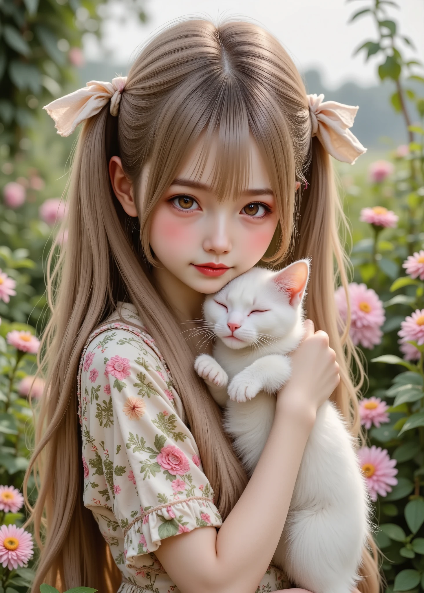 Realistic and authentic-oriented 、creates a retro vibe、a cute girl is brown and white1holding a cat、A very precious cat、in the flower and green garden