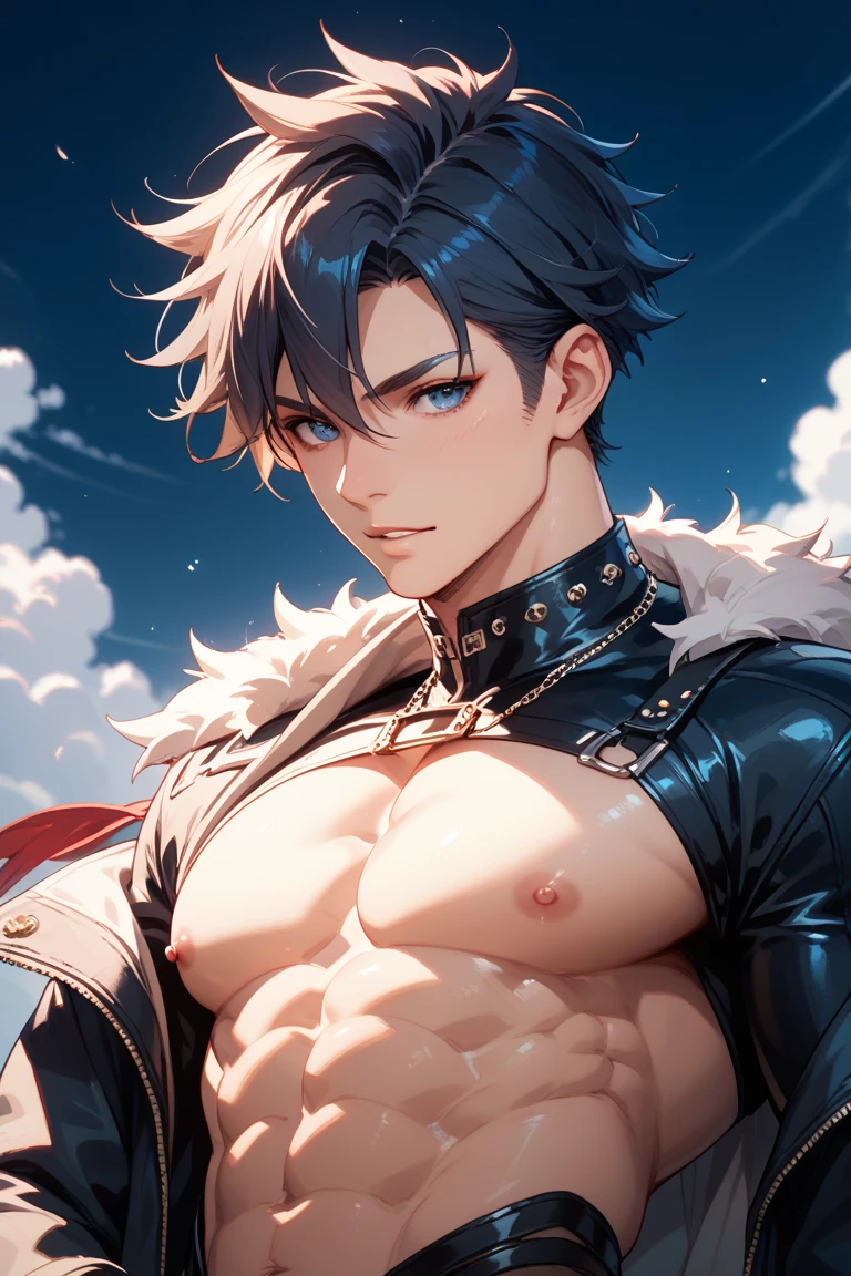 absurdres, highres, ultra detailed, HDR, master piece, best quality, detailed eyes, extremely detailed, delicated features, Wriothesley, black hair, expressive blue eyes, Genshin Impact, solo, sexy man, handsome, manly man, sensual, erotic, bare chest, magical, fantasy, sea, beach, blue sky