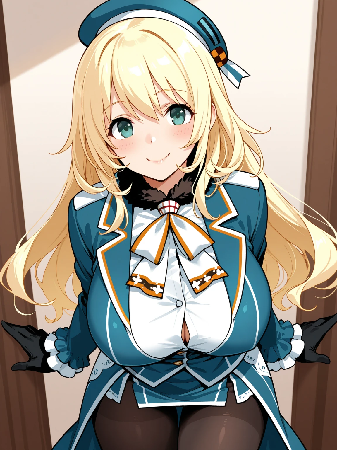 best quality, ultra high res, 1girl, Irina Jelavic, blonde hair, blue eyes, facing the vkewer, looking at the viewer, big breasts, cleavage, (simple background), white suit, white beret, close-up, (light smile), blush