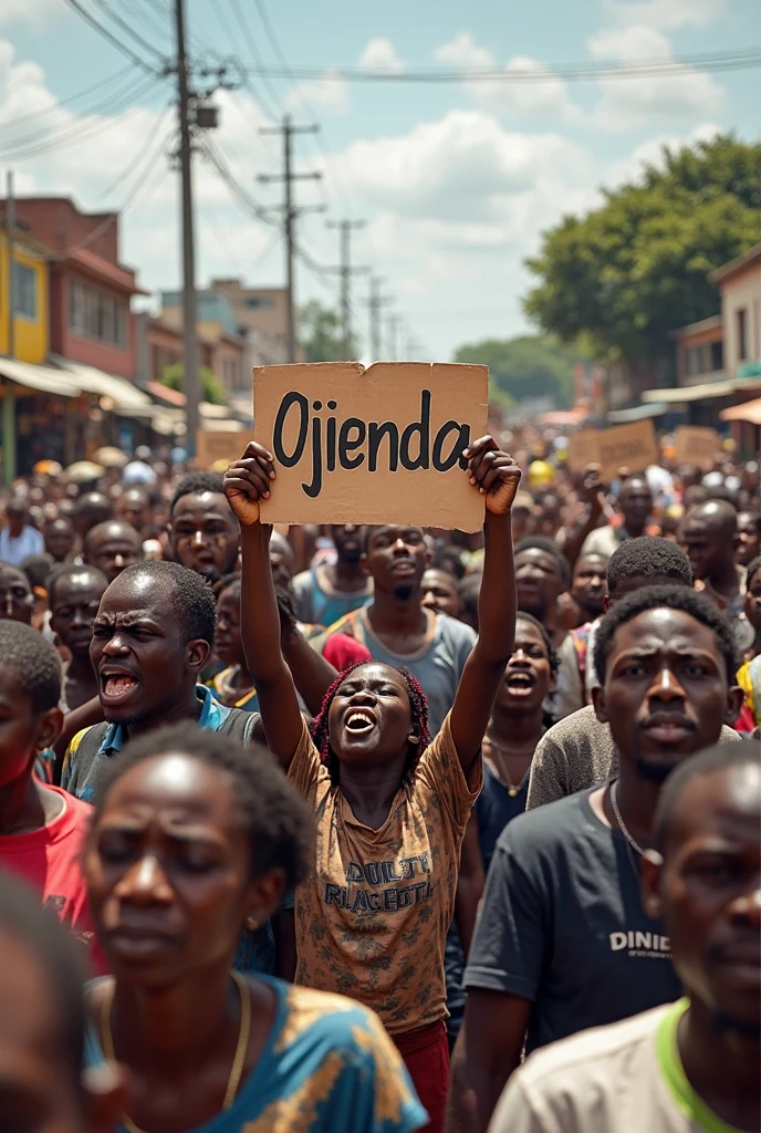 A high-definition Canon DSLR photo of a large group of Brazilian metalworkers chocolate sauce body, men and women, standing united in front of a factory. Their skin and uniforms are marked with dirt, and they hold a large blue banner with white text that reads "Campanha Salarial 2024". In the background, more workers hold various banners and posters, adding depth and energy to the scene, caveman era. 