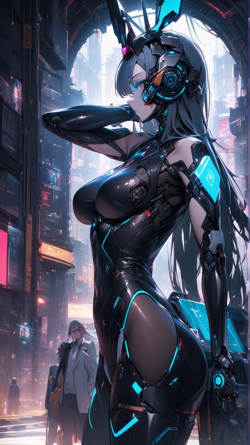 ((An aerial view of a futuristic megalopolis at dark night)), with skyscrapers reaching the clouds and flying cars driving through aerial highways. (1girl, solo, alone, photorealistic), medium-breast:1.1 slim body, cleavage, sexy clothes, (headphone, black sunglasses, medium black hair), (hip-up standing and holding pistol pose), (((half-body thigh level medium shot))), cinematic lighting, lens flare, ray tracing.