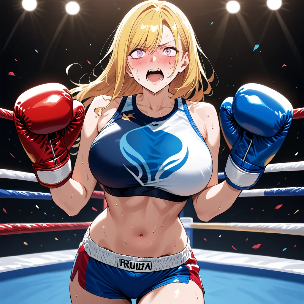 Outrageous resolution、​masterpiece++、top-quality++、ultra-definition++、ultra-definition++、4k++、8k++、from side、（Background Focus）++、（（（1）））+++、(boxing Ring), ((Full body boxing uniform))++, (((Boxing gloves)) )+++、（（Combat stance）））+++ ((boxing)), (((Boxing gloves)))+++, ((Mature woman boxing))++, blush,(Super shiny hair and skin), (Sunlight), ((Beautiful)) (Huge breasts_Body: 1.5), (Huge breasts: 1.5), Muscular girl with clearly visible abs and muscles, Sweaty body, cleavage, Dynamism, (Abs cleansing and shaving, Muscle muscle thighs) +, A lively smile, Perfect eyes, Perfect hands, Perfect nose, Magic Battle Dark, Bright atmosphere, (wet effect) +, (light effect), (Cinematic Light) + , (Like a movie of light) +