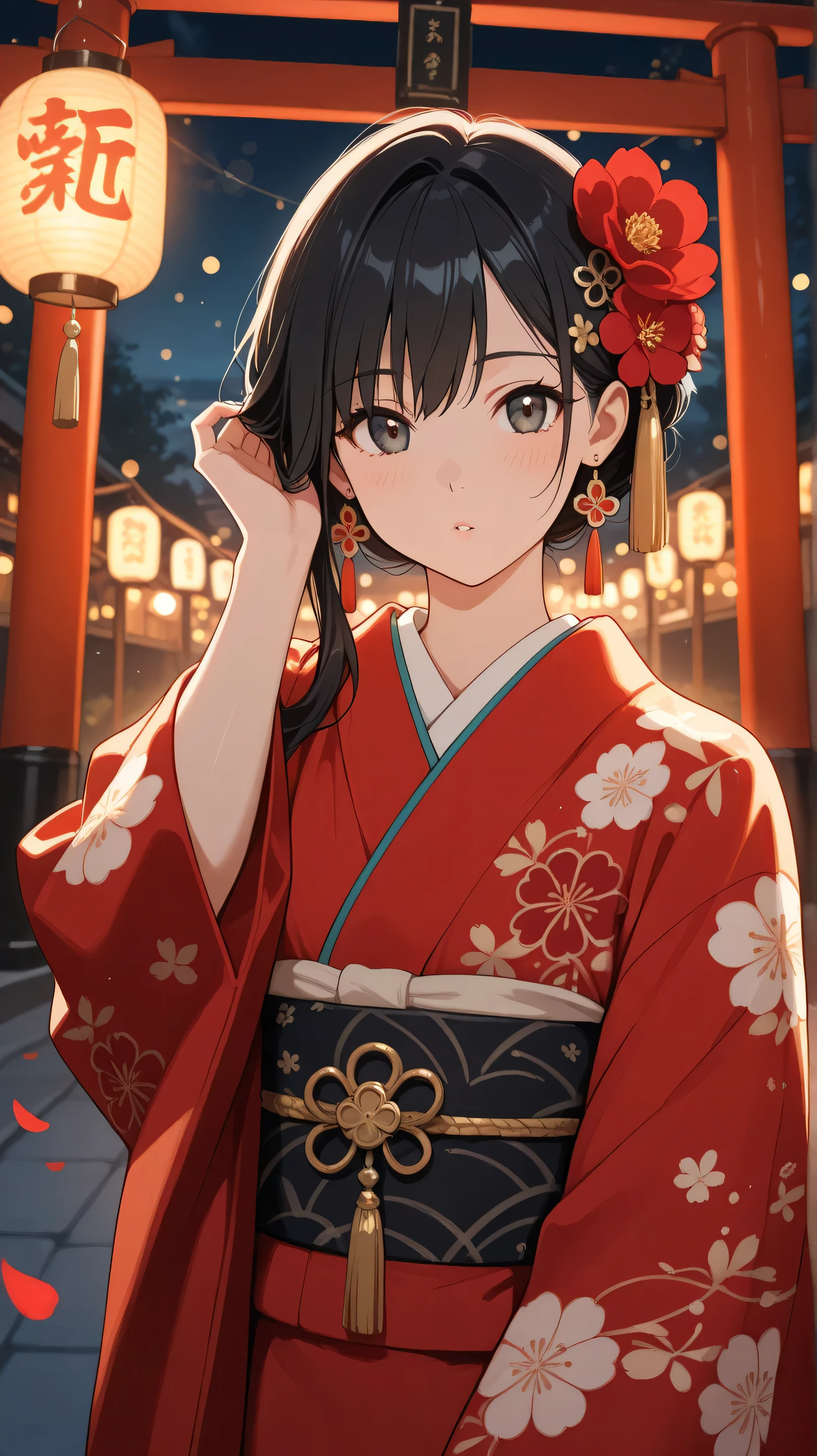 Masterpiece, Best Quality, Top Quality, Very Detailed, Beautiful anime girl with long, flowing black hair, adorned with red flower hair accessories and gold tassel earrings. She wears an intricate red floral kimono, illuminated softly by traditional Japanese lanterns. The background shows a night festival scene with glowing bokeh lights, red torii gates, and floating flower petals in the air. A serene and slightly melancholic expression on her face, with wind gently blowing her hair and kimono. Highly detailed, warm lighting, cinematic atmosphere, and sharp focus on character.