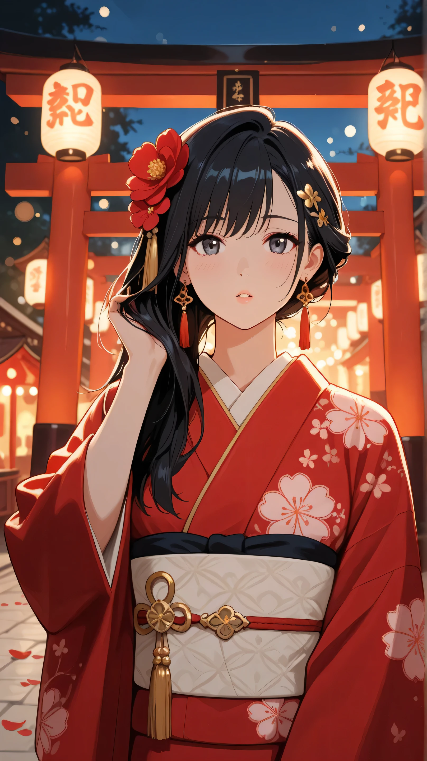 Masterpiece, Best Quality, Top Quality, Very Detailed, Beautiful anime girl with long, flowing black hair, adorned with red flower hair accessories and gold tassel earrings. She wears an intricate red floral kimono, illuminated softly by traditional Japanese lanterns. The background shows a night festival scene with glowing bokeh lights, red torii gates, and floating flower petals in the air. A serene and slightly melancholic expression on her face, with wind gently blowing her hair and kimono. Highly detailed, warm lighting, cinematic atmosphere, and sharp focus on character.