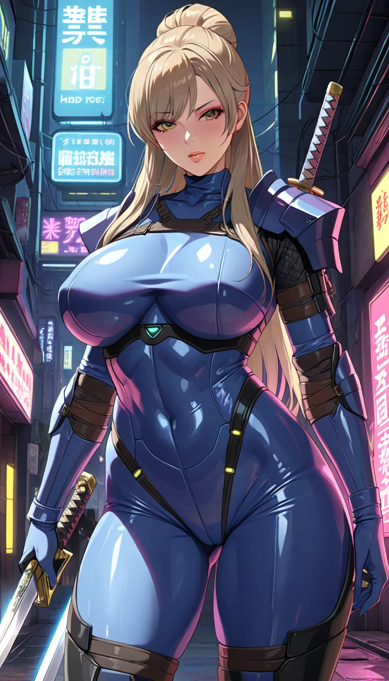 A stunning woman stands with a laser gun in front of a subway escalator at the collapsed Meitetsu Kanayama Station in Atsuta Ward, Nagoya City.、Extremely realistic and detailed image quality、Bust size 40 inchesMcup、Super big breasts、Tight waist、Toned Abs、Unkempt blonde、Cool look、Torn Cybersuit、The cleavage is clearly visible、Goggles around the neck、Body covered in dirt、A derailed train falls onto its side