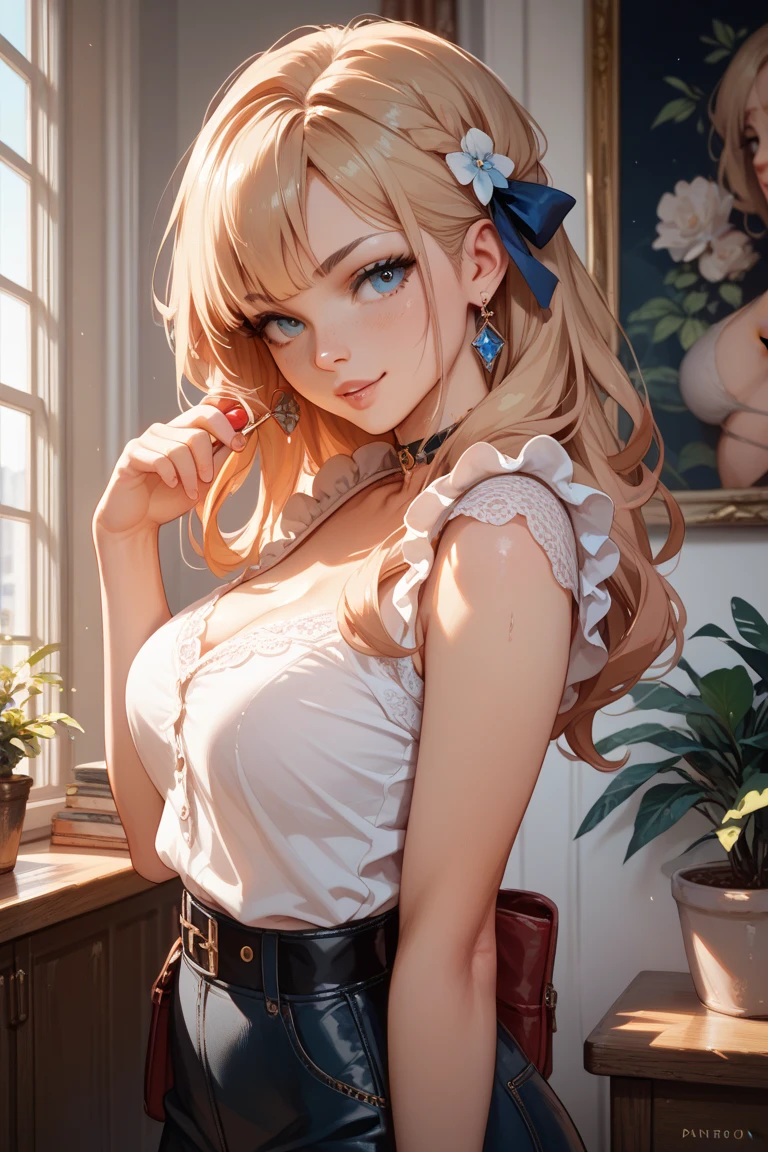 (Best quality at best,8K,A high resolution,tmasterpiece:1.2),Digital artwork, one girl,detailed face,detailed eyes,Blonde hair,long straight hair,glowing cyan eyes,red lip,Suspenders