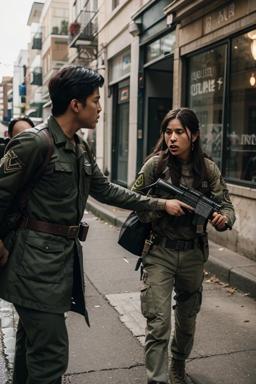 Female soldiers fighting in a war-torn city