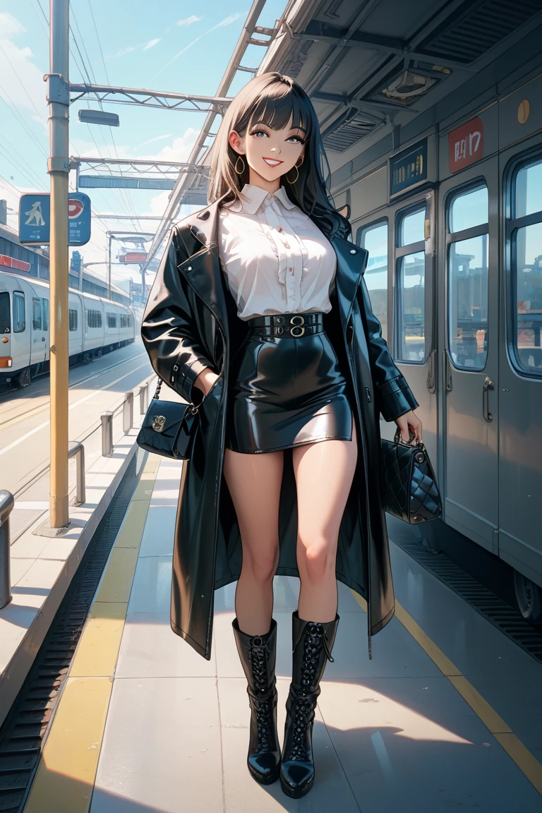 cowgirl in her 30's, with tanned skin, hair in a ponytail, glowing cross pendant, leather jacket, miniskirt, tall black patent stiletto boots. Standing on a subway train, lots of Cum dripping from her vagina.