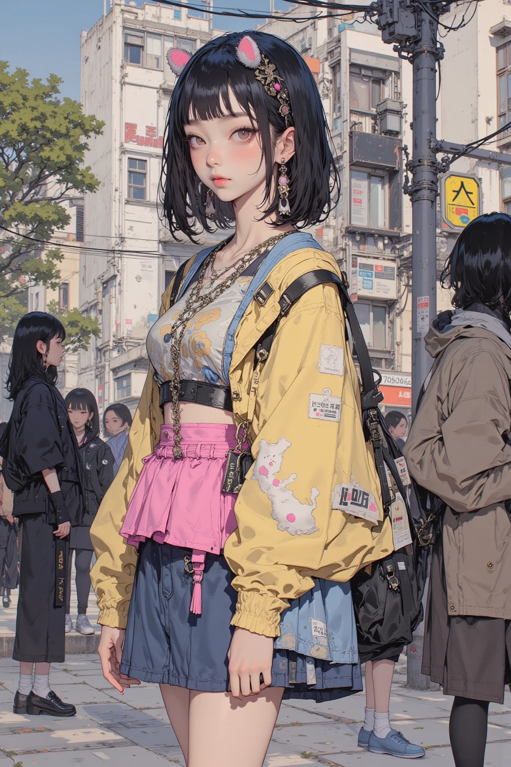 masterpiece, best quality, spring outfit, colorful hair,  outdoor,cloud ,upper body,