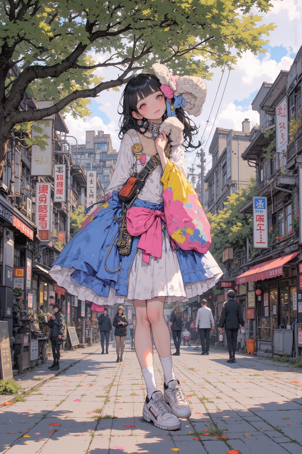 A cool girl, front, blue hat, chrysanthemum on head, brown long braid, white vest, red short sleeves, blue denim skirt, green leather bag, green sneakers, yellow socks, purple violin on her back, black and white cat on the left, full body, lighting, details,