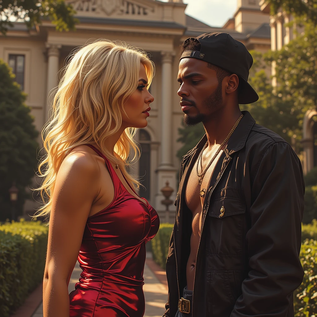 Couple hugging, Black man and blonde white woman, Couple in red clothes on fire, dark room, Man and woman with their faces covered, wearing earrings, blonde woman