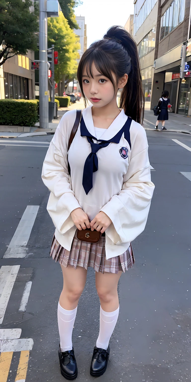 High quality, Ultra detailed, best quality, insanely detailed, beautiful, masterpiece、8k、nsfw、spread pussy、upskirt、skirt lift、skirt lift by myself、((show off pussy1.4))、pubic hair、pussy focus、public indecency、((from below:1.3))、looking at viewer、spread pussy、bottomless、cinematic lighting、、black cardigan、clothed、city
