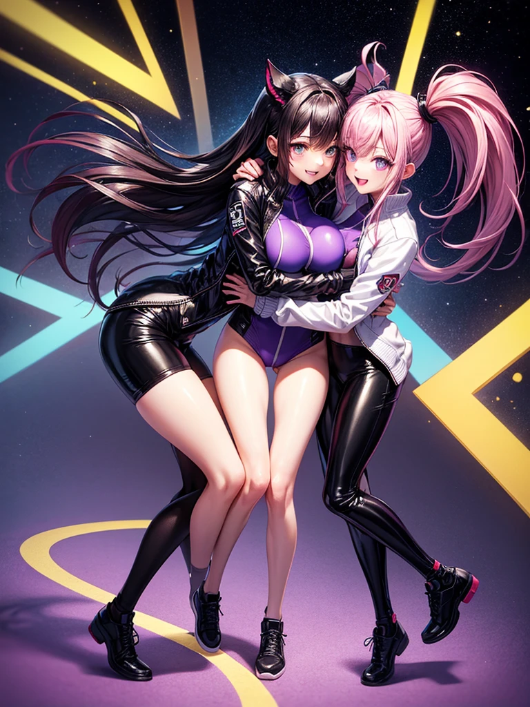 2girl,beautiful girl,Unique, Anime Girl, Wearing Hot Tight sportswear,Smile,Hug together