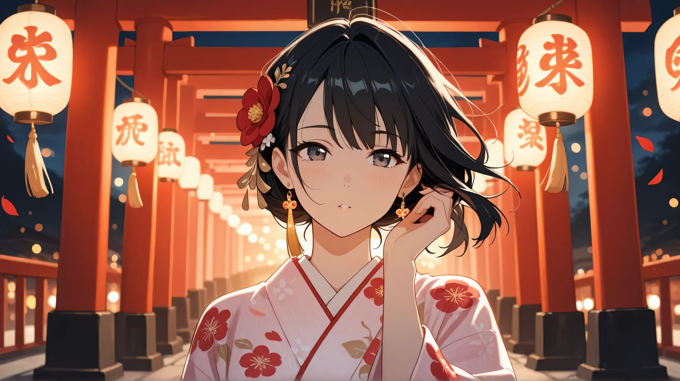 Masterpiece, Best Quality, Top Quality, Very Detailed, Beautiful anime girl with long, flowing black hair, adorned with red flower hair accessories and gold tassel earrings. She wears an intricate red floral kimono, illuminated softly by traditional Japanese lanterns. The background shows a night festival scene with glowing bokeh lights, red torii gates, and floating flower petals in the air. A serene and slightly melancholic expression on her face, with wind gently blowing her hair and kimono. Highly detailed, warm lighting, cinematic atmosphere, and sharp focus on character.