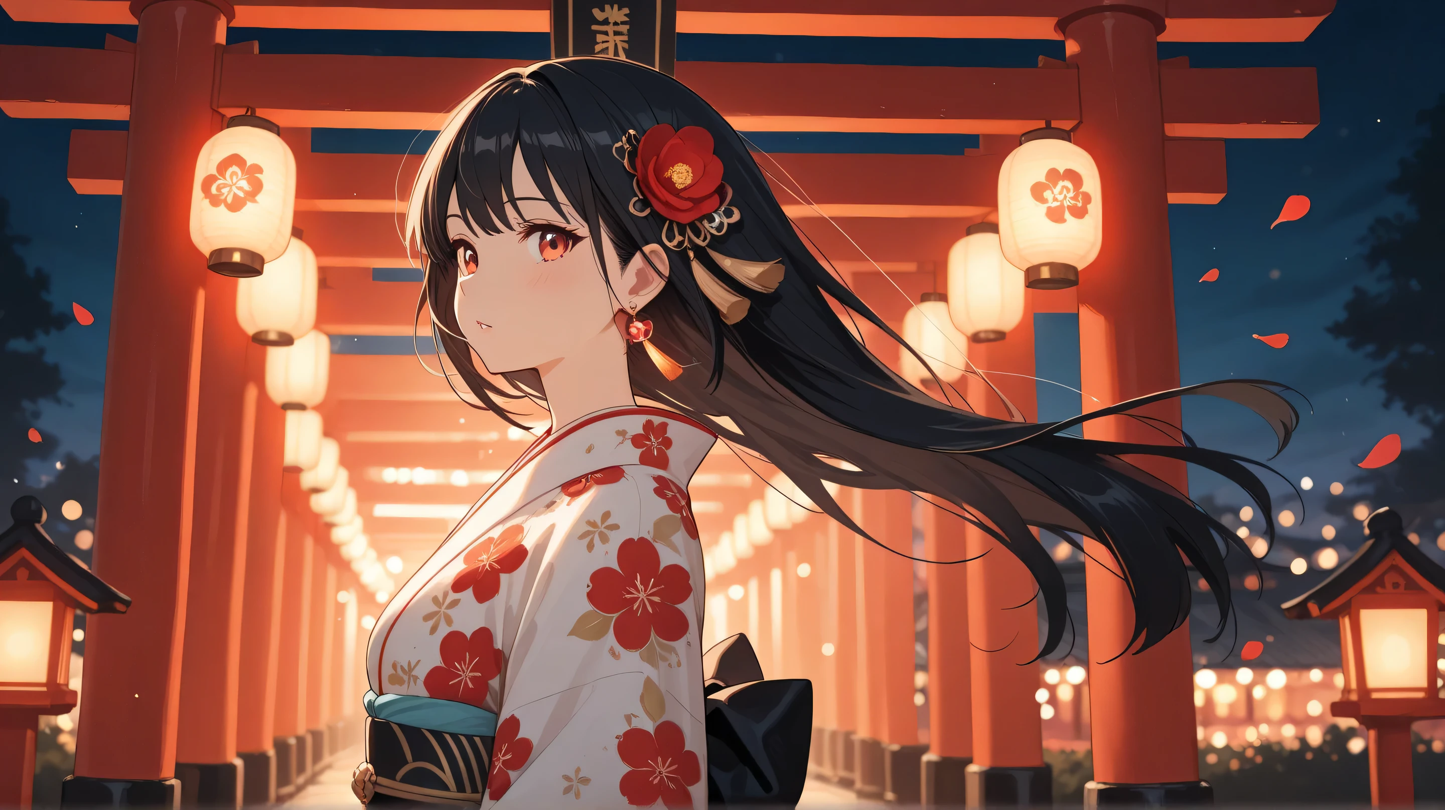 Masterpiece, Best Quality, Top Quality, Very Detailed, Beautiful anime girl with long, flowing black hair, adorned with red flower hair accessories and gold tassel earrings. She wears an intricate red floral kimono, illuminated softly by traditional Japanese lanterns. The background shows a night festival scene with glowing bokeh lights, red torii gates, and floating flower petals in the air. A serene and slightly melancholic expression on her face, with wind gently blowing her hair and kimono. Highly detailed, warm lighting, cinematic atmosphere, and sharp focus on character.