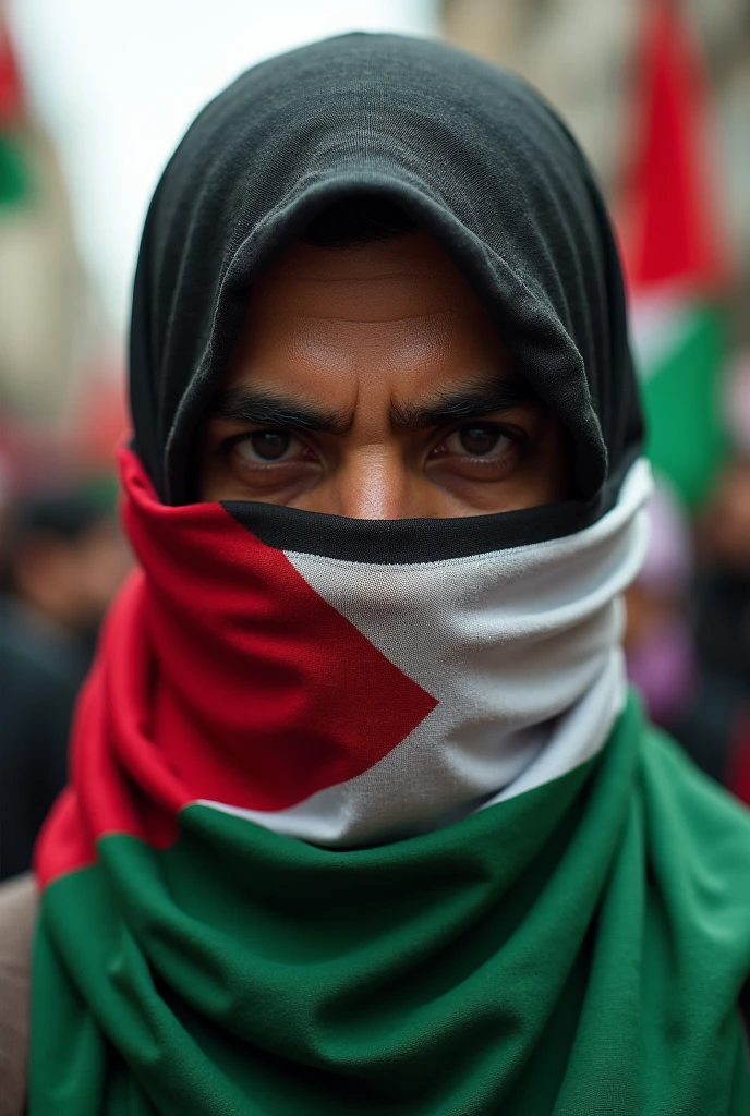 Masked Palestinian holding Palestinian flag