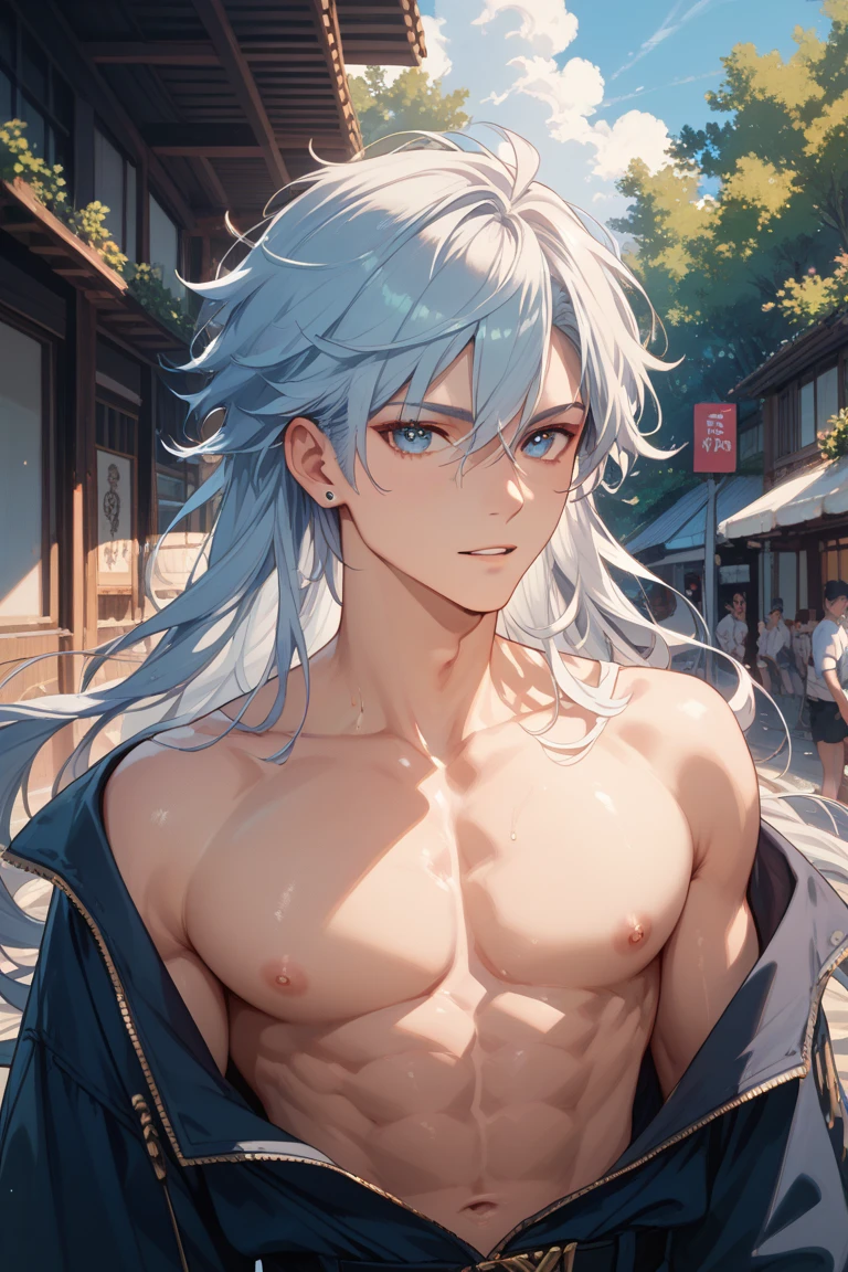 In the heart of an 80's retro city, where neon lights and pastel hues painted the town with a vivid charm, stood a breathtakingly handsome figure named Griffith. His mid-20s face bore long, wavy white-bluish hair that danced in the wind, framing his piercing blue eyes that seemed to hold the depths of an ocean. Stripped to the chest, his well-defined physique gleamed quietly under the soft pastel light, showcasing the intricate details of his muscular form.
This masterpiece of a photo, captured with utmost care and attention to detail, was a true testament to his charm. With
