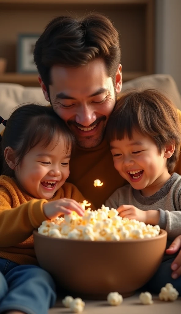 A whimsical and endearing scene where a tiny woman, about the size of an ant, is watching a movie with a larger man in a cozy living room. The tiny woman is comfortably seated on a small cushion or a specially designed platform, while the man is relaxed on a regular-sized couch beside her. The TV screen, glowing softly, displays the movie they’re both enjoying. The man is leaning in, smiling, and perhaps offering a snack or adjusting the volume, while the tiny woman, with a look of fascination, is watching intently. The room is warmly lit, with a blend of charm and humor in the contrast of their sizes, making the shared movie experience both magical and heartwarming.