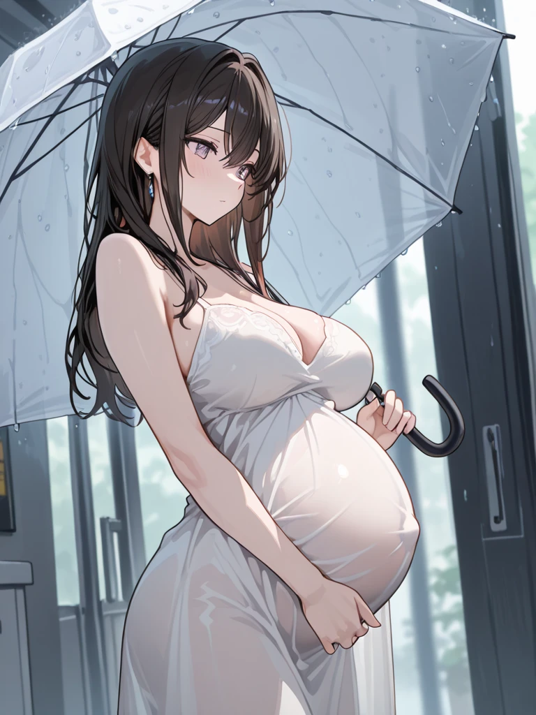 8k, masterpiece, 1 girl, beautiful face, very long hair, light makeup, (glossy skin:1.5), detailed eyes, detailed lips, small bust, short jacket, wet white vest, ((white mini skirt)), ((under pants)), ((bare thigh)), straps clothing, (water falling:1.5), steam effect, water vapor, huge belly, massive belly, enormous belly, gigantic belly