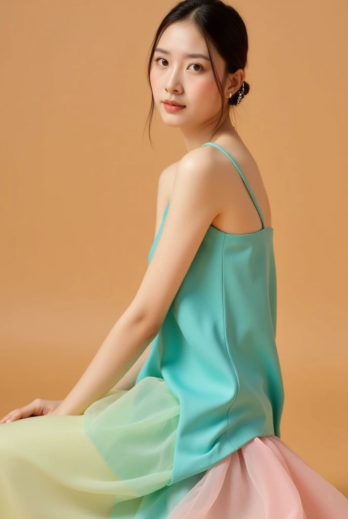 21yo girl, beautiful dress, green background