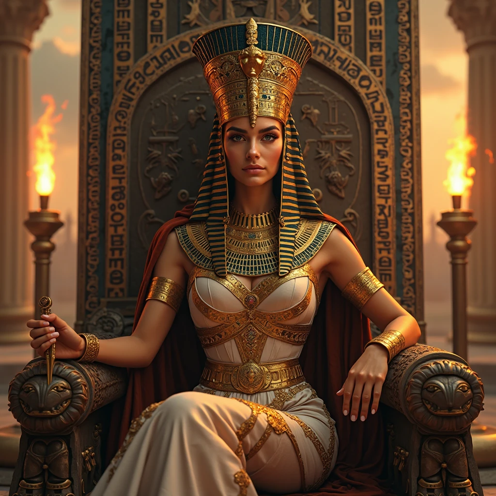 A highly realistic portrait of Cleopatra, the last queen of Egypt, depicted in a regal and elegant setting. She is wearing a gold and turquoise headdress adorned with a cobra, symbolizing her royalty and power. Her dark hair is styled in a sleek, shoulder-length bob, and she has striking, kohl-lined eyes with a confident gaze. Cleopatra is dressed in a luxurious white linen gown with intricate gold jewelry, including bracelets, necklaces, and earrings. The background shows an opulent throne room with ornate Egyptian columns, hieroglyphics, and rich tapestries, with the warm glow of torches lighting the scene