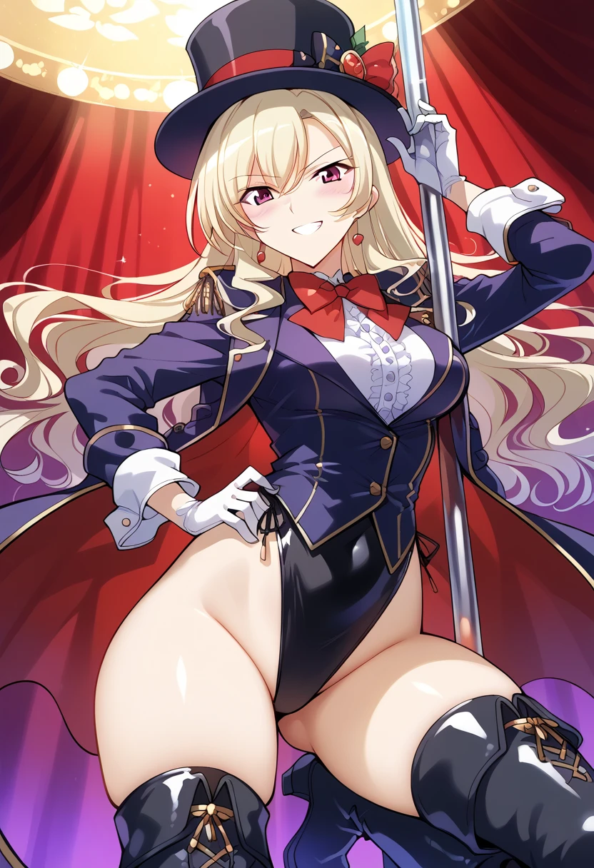 Violet evergarden, blonde, hair intakes, braid, red ribbon, playboy bunny, elbow gloves, peace sign, embarrassed, full body