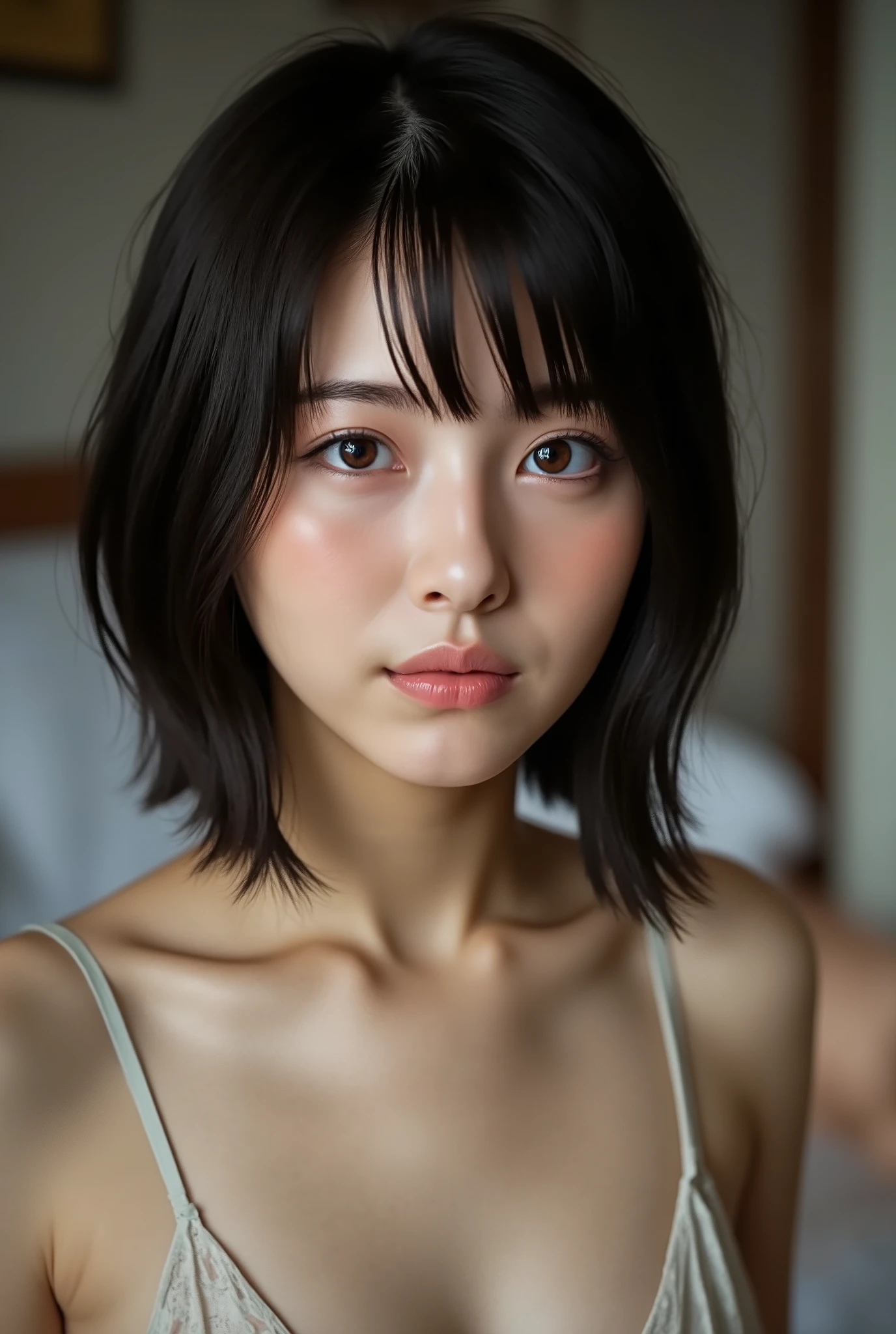 (( Best Quality )), ((masterpiece)), ( details), first-person view , Japanese girl, sexy,( Bring Your Face Closer ),((open their mouths, sleepy expression , small eyes)),((underwear)), short hair, black hair, ((( without makeup )))