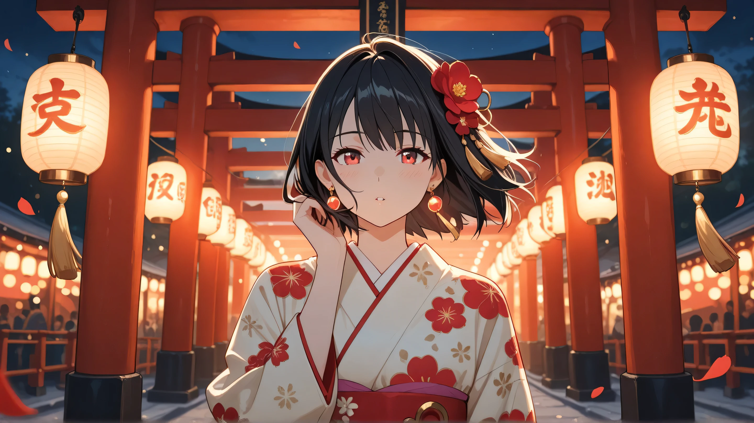 Masterpiece, Best Quality, Top Quality, Very Detailed, Beautiful anime girl with long, flowing black hair, adorned with red flower hair accessories and gold tassel earrings. She wears an intricate red floral kimono, illuminated softly by traditional Japanese lanterns. The background shows a night festival scene with glowing bokeh lights, red torii gates, and floating flower petals in the air. A serene and slightly melancholic expression on her face, with wind gently blowing her hair and kimono. Highly detailed, warm lighting, cinematic atmosphere, and sharp focus on character.