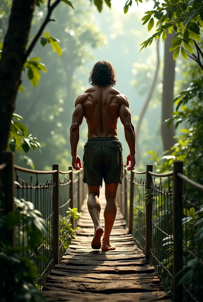 Make an image of a muscular guy climbing a tree with a rope in the Amazon with the forest in the background