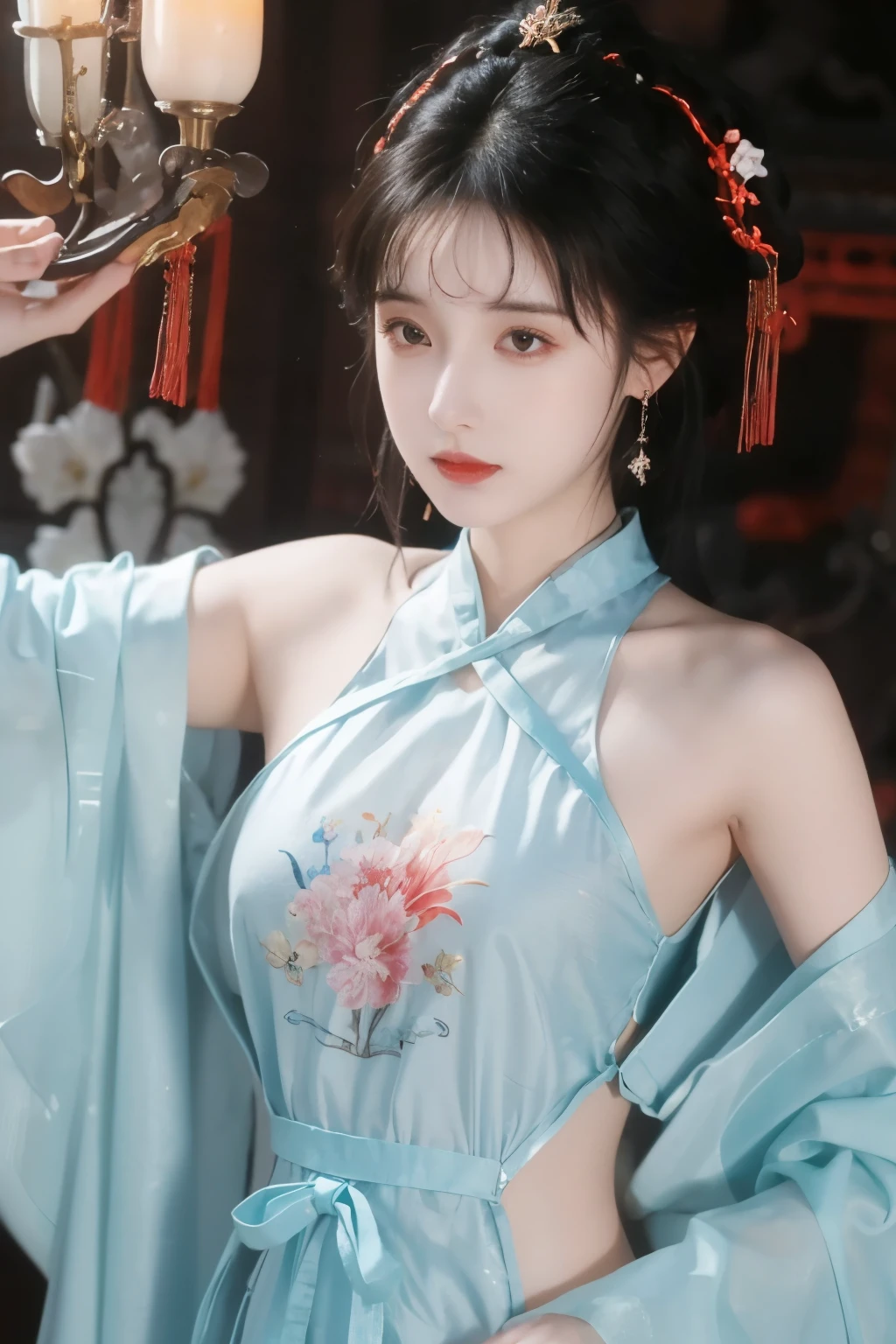 ( masterpiece, top quality, best quality, official art, beautiful and aesthetic:1.2), (1 Girl:1.3), flat chest, extremely detailed,(Fractal Art:1.1),(Flowers:1.3),Highest Detail,(dynamic pose), (background:1.3), (traditional Chinese costume:1.2), (shiny skin), ( many colors :1.4), ,(earrings:1.1),