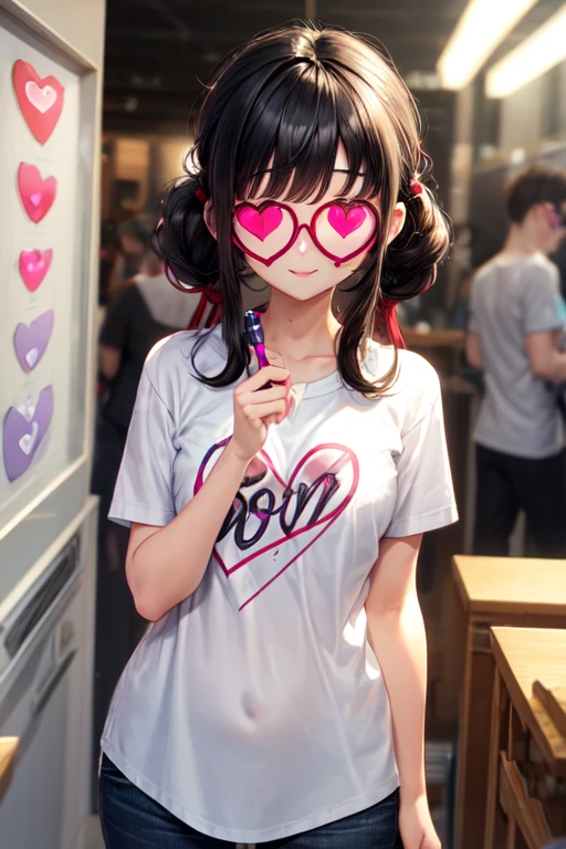 Black hair. Short hair. Anime girl. Asian girl. Ulzzang. Glasses. Small breast. Smile. Spoken heart. 