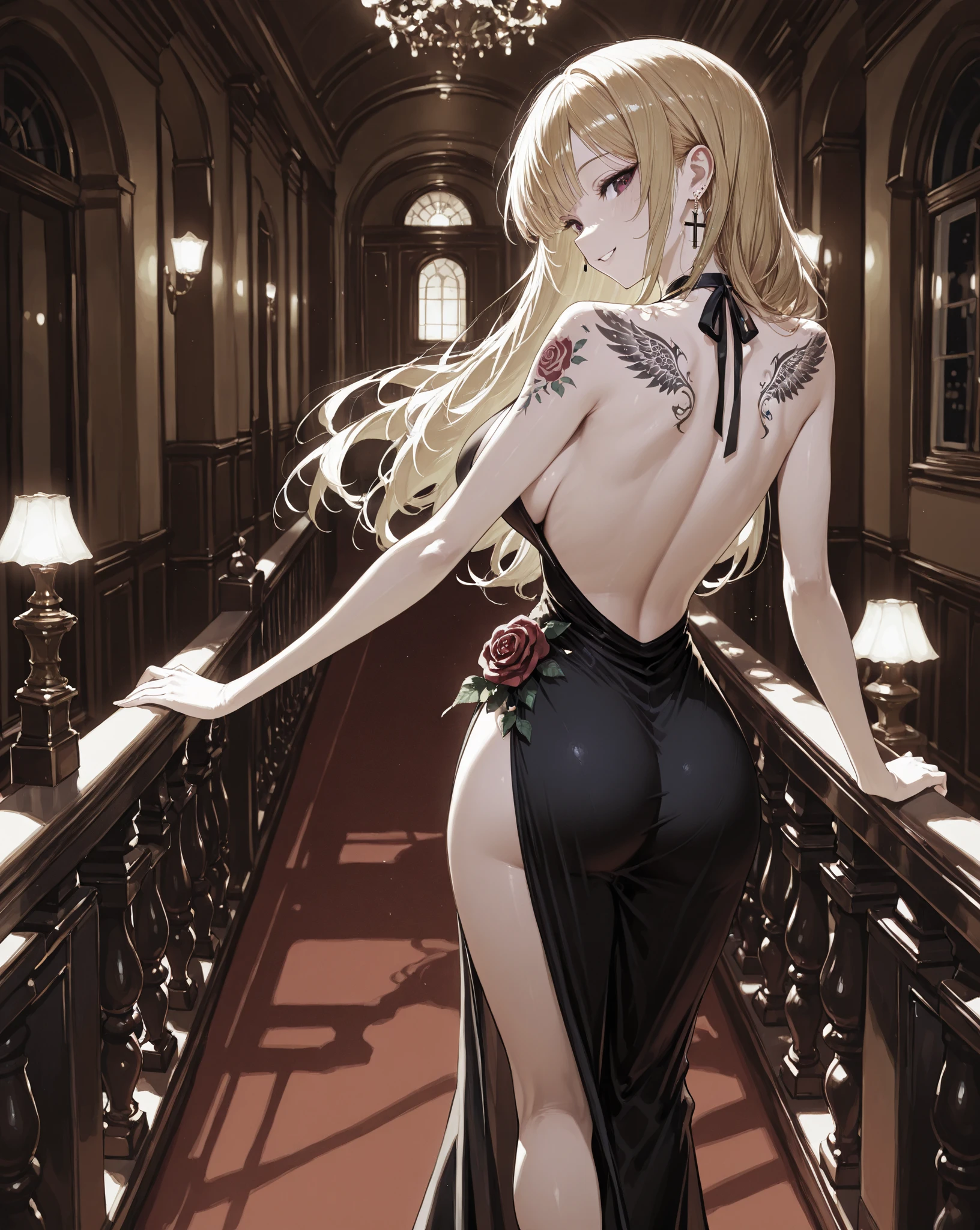 Pretty, sexy, adorable and rich instagram influencer 20-years woman (long, wavy light brown and blonde hair) (and with too big ass), wearing a black shining strapless dress with deep neckline