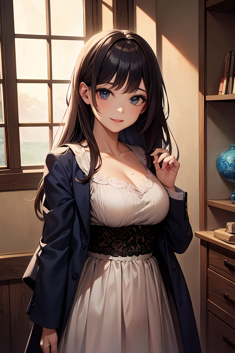 (masutepiece: 1.3), (max resolution: 1.2), (Ultra HDTV: 1.2), cinematric light, Ultra HDTV, (Detailed eyes and skin), (detailed facial features), nffsw, 8K resolution, Sharp Focus: 1.2, Perfect Style, Beautiful face, Perfect body, acurate, Anatomically correct, Highly detailed face and skin texture, Detailed eyes, Dark-blue eyes, Double eyelids, Thin eyebrows, Glitter Eyeliner: 1.2, Natural cheeks, Glossy skin, Fair skin: 1.2, shiny little necklace and earrings, (Glossy lips: 1.4), BREAK, One-person viewpoint, (She is a very cute female teacher), (Sexy lace panties), (Seductive smile: 1.2), ((a Innocent and cute girl:1.3)), (Long Wave Hair), (ligh brown hair:1.2), (Cowboy Shot: 1.2), BREAK, ((Very intimate relationships: 1.2)), medium large breasts, ((Looking at Viewer:1.2)), ((atlibrary:1.2)), ((Bend your knees and open your legs wide:1.2)), (From Side:1.2),low angle shot,FULL BODYSHOT Tight sweater with long sleeves in bright colors Tight mini skirt Embarrassed look Kamimei
