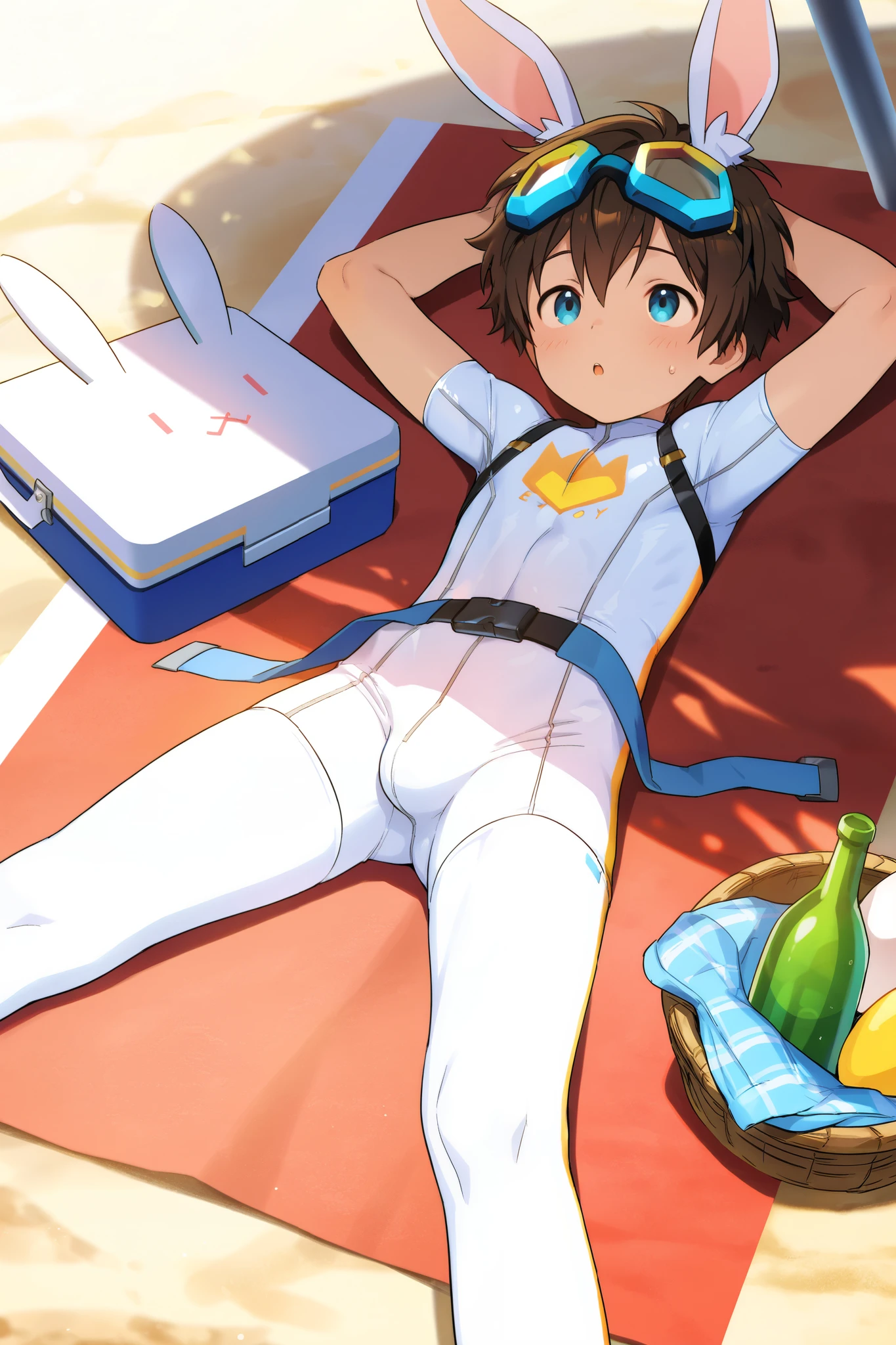 a boy, short hair,boy in a bodysuit,Standing,cute,A with brown hair in white stockings,Goggles,looped rabbit ears, masterpiece, Best Quality ,male focus, Shota,enjoy,summer,Short sleeve,happy