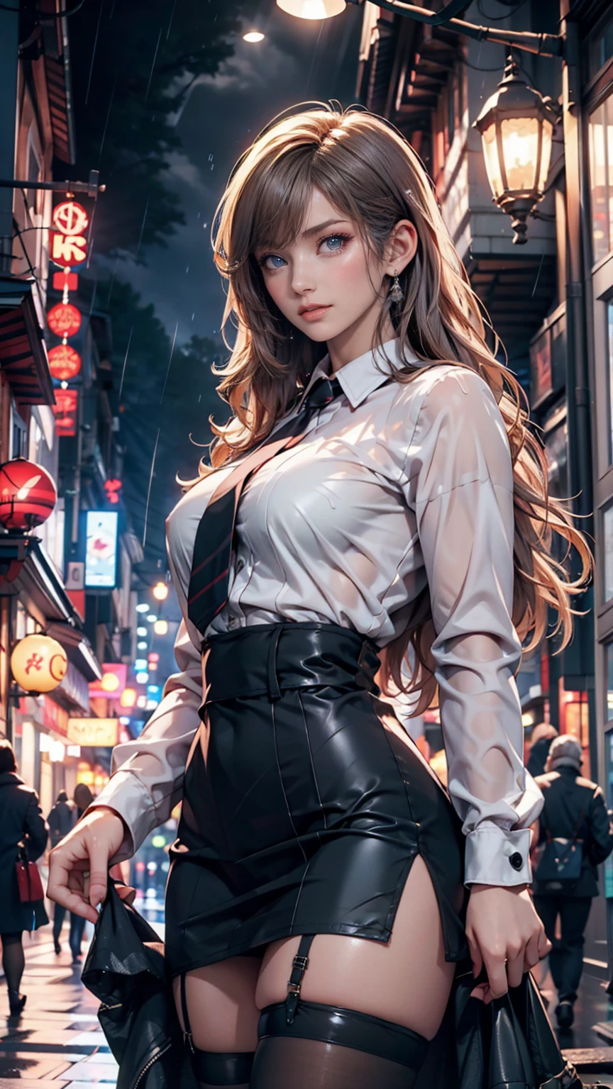 ((A beautiful and cute woman is standing on the terrace)), ((22-year-old beauty)), ((charming smile)), ((her long hair is blowing in the wind)), ((her miniskirt is It's waving in the wind)), (( You can see the cleavage of her plump bust from the blouse)), ((Gradient eyes)), ((The background is a night view of the city)), Attractive makeup, Single view, NFFSW , UHD, Retina, Masterpiece, Accurate, Anatomical, Scientifically Correct, Textured Skin, Super Detail, High Detail, High Quality, Award Winning, Top Quality, High Resolution, 1080P, HD, 4K, 8k, 16k