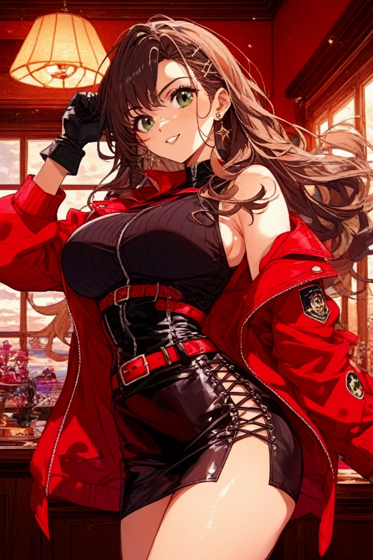 masterpiece, Best quality, Makise Kurisu,in a beige sweatshirt with a zipper and a white shirt with a black tie, black tight short shorts, black tights, red long hair, green eyes, big breasts, big hips
