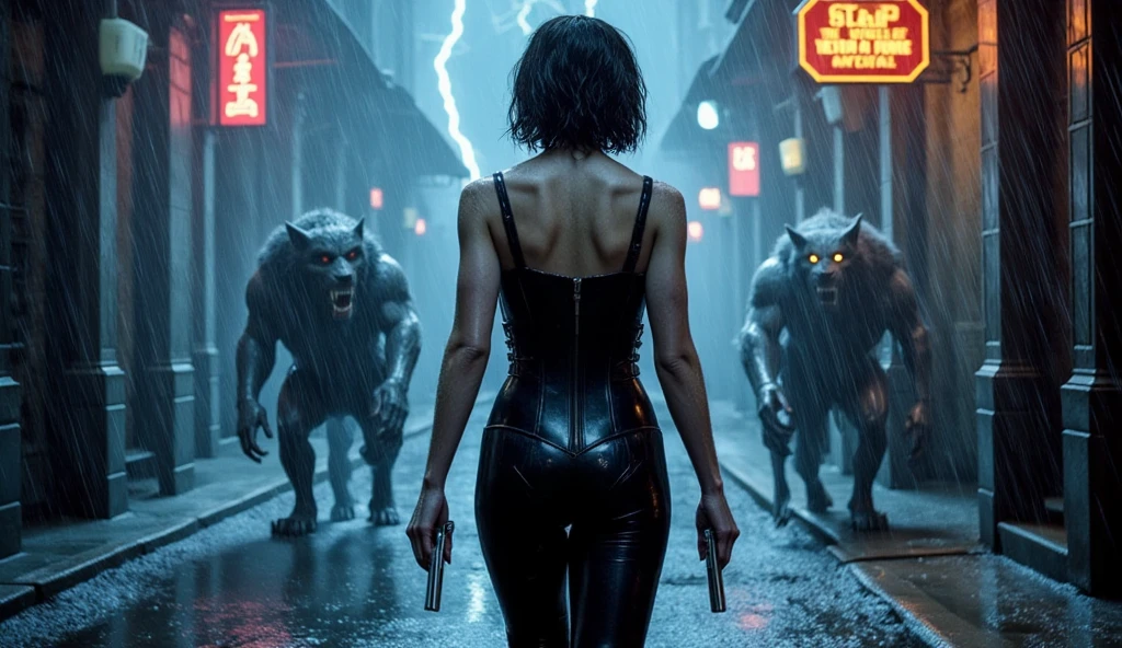 Blade Runner inspired surreal dark cyberpunk city alley as background, low angle view, black stray dog looking for food, at dark night. (1girl, solo, alone), medium-breast slim:0.6 body, oval:0.5 face, cleavage:1.1, sexy black laced bra, miniskirt, white laced panty, coat, (black micro sunglasses), (holding a short gun), (slightly leaning forward running pose), half-body thigh level medium shot, cinematic lighting, ray tracing.