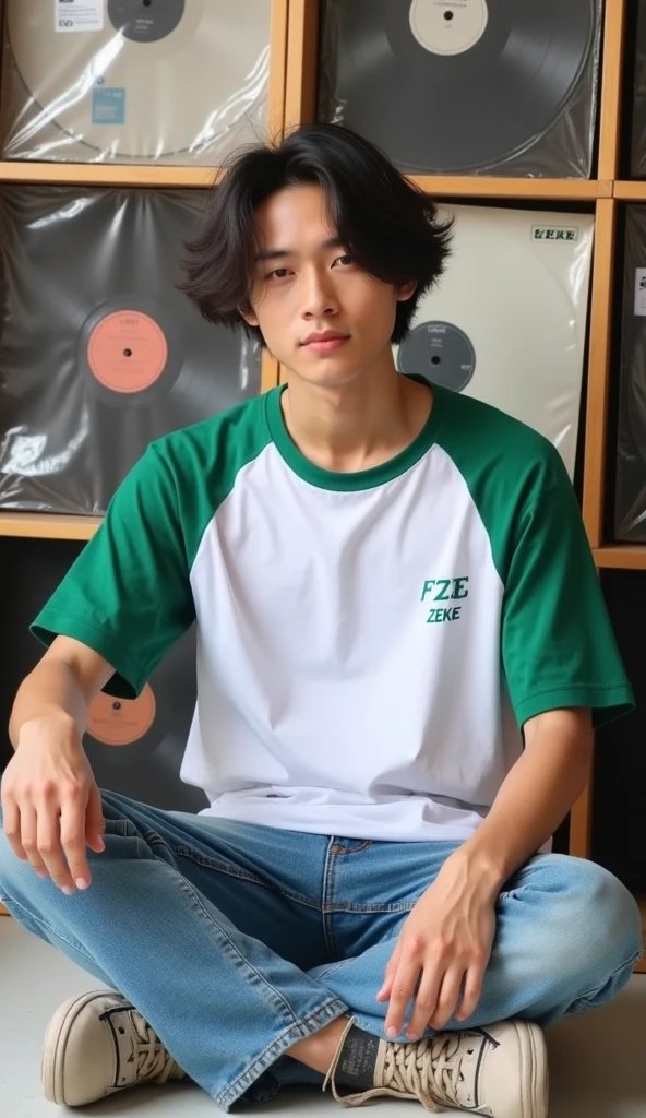 old boy, medium long, messy black hair, almond brown eyes, pale skin, e-boy wearing a black tank top looking like a teenager, cute with background is a bookshelf, He is tall,