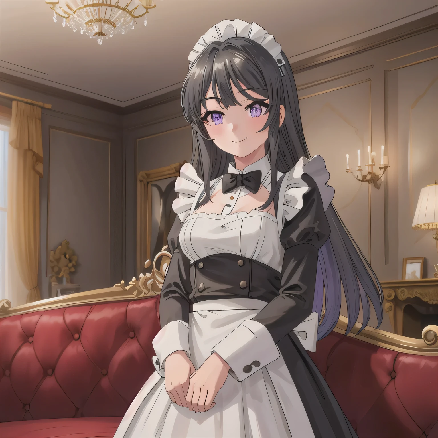 A breathtakingly beautiful 20-year-old woman stands in an opulent mansion room, dressed in a classic black-and-white maid outfit with a short hem and a white brim cap. Her confident smile radiates warmth. The room features elegant furnishings and decor befitting a grand estate, bathed in soft, natural lighting that enhances the sophisticated ambiance. dark hair, long hair, purple eyes.