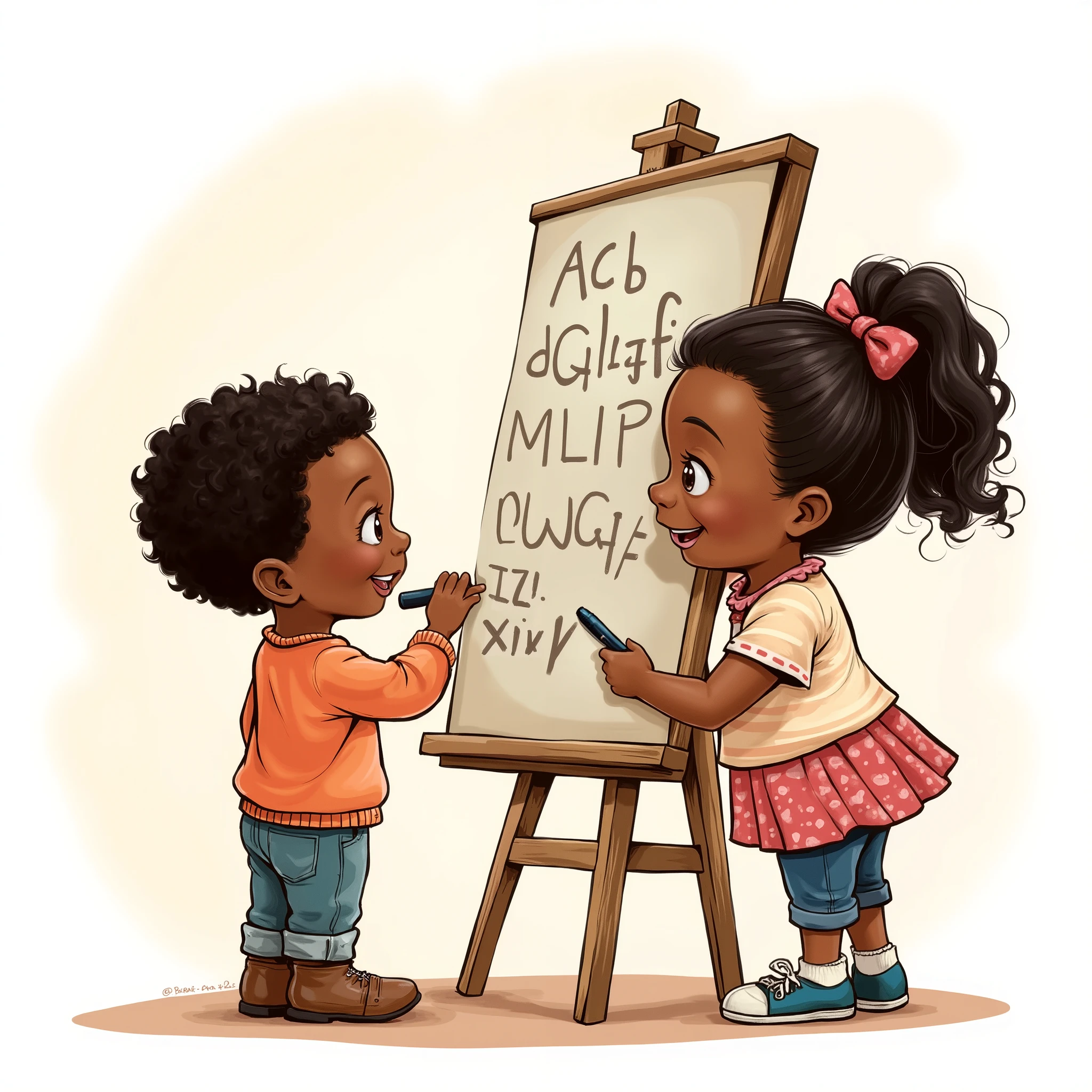 Two cute s, five year's old, a boy and a girl writing alphabets on a standing board with marker, smiling, Nigerian, detailed illustration, Disney style back/side view, looking at the board, a boy and a girl