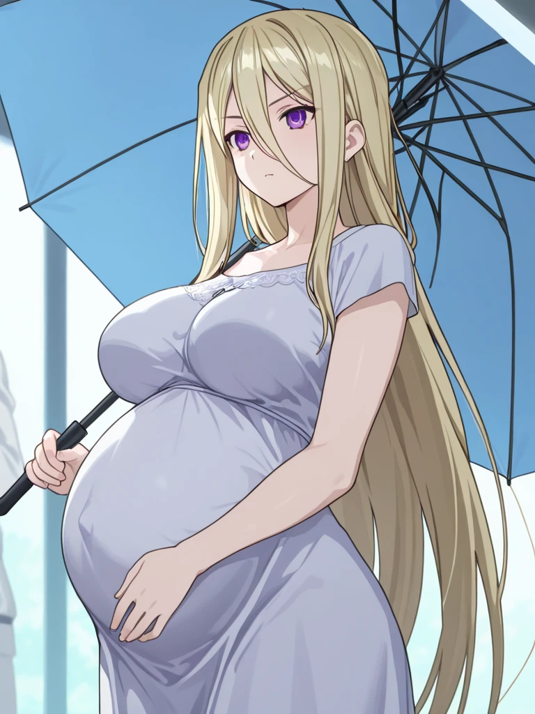 Huge breasts、Long chest、blush、Sweat、In the heat、Miyako Ishida, Long Hair, bangs, Blonde, Black Hair, Hair between the eyes, Green Eyes, Multicolored Hair, Two-tone hair,
{Highest quality}, {so beautiful}, {Very detailed}, {Best illustrations},Pregnant women、Huge pregnant belly:1.5、Camisole long maxi dress